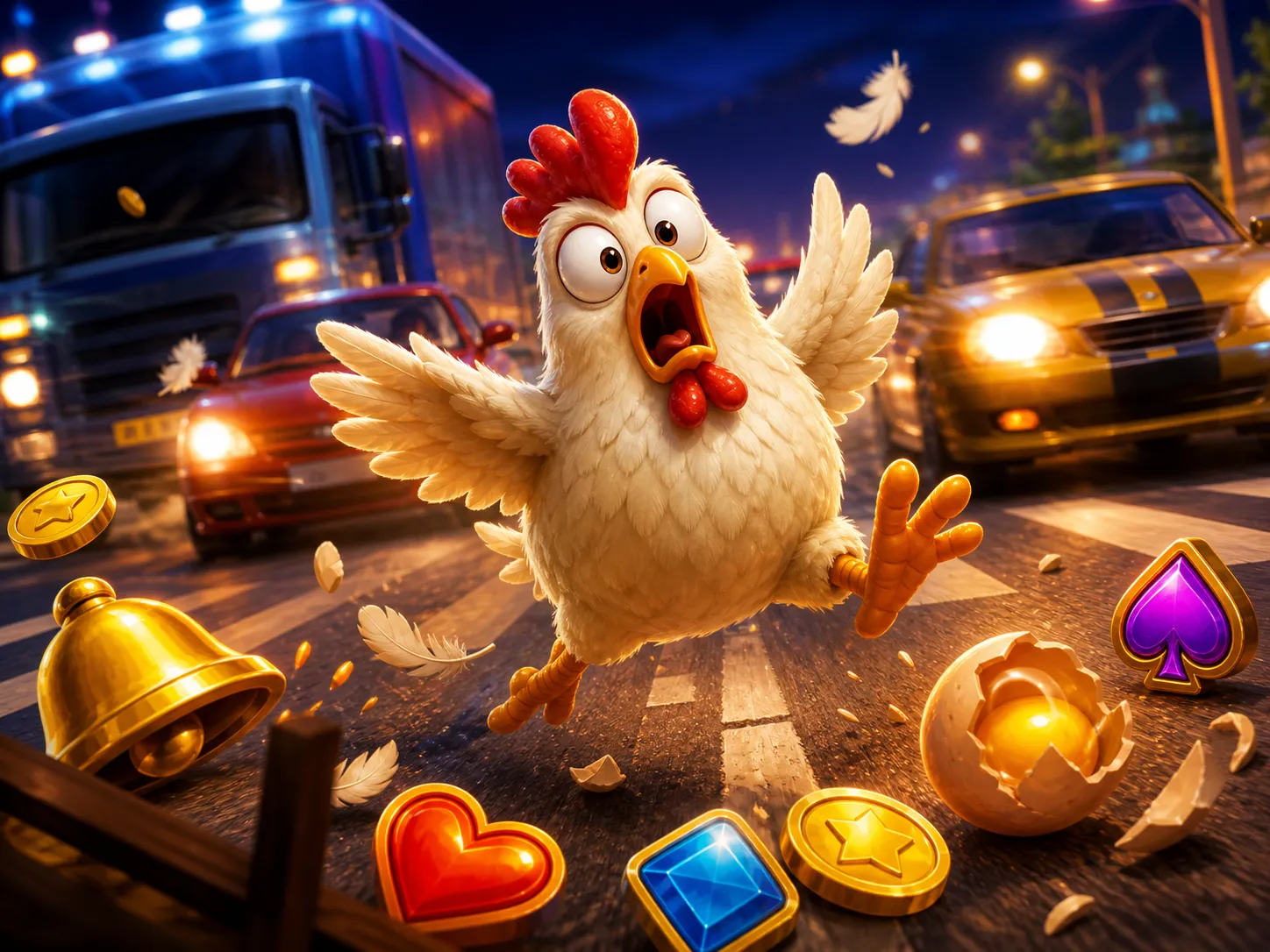Funny chicken character crossing traffic lanes in Chicken Road slot game world with feathers and eggs.