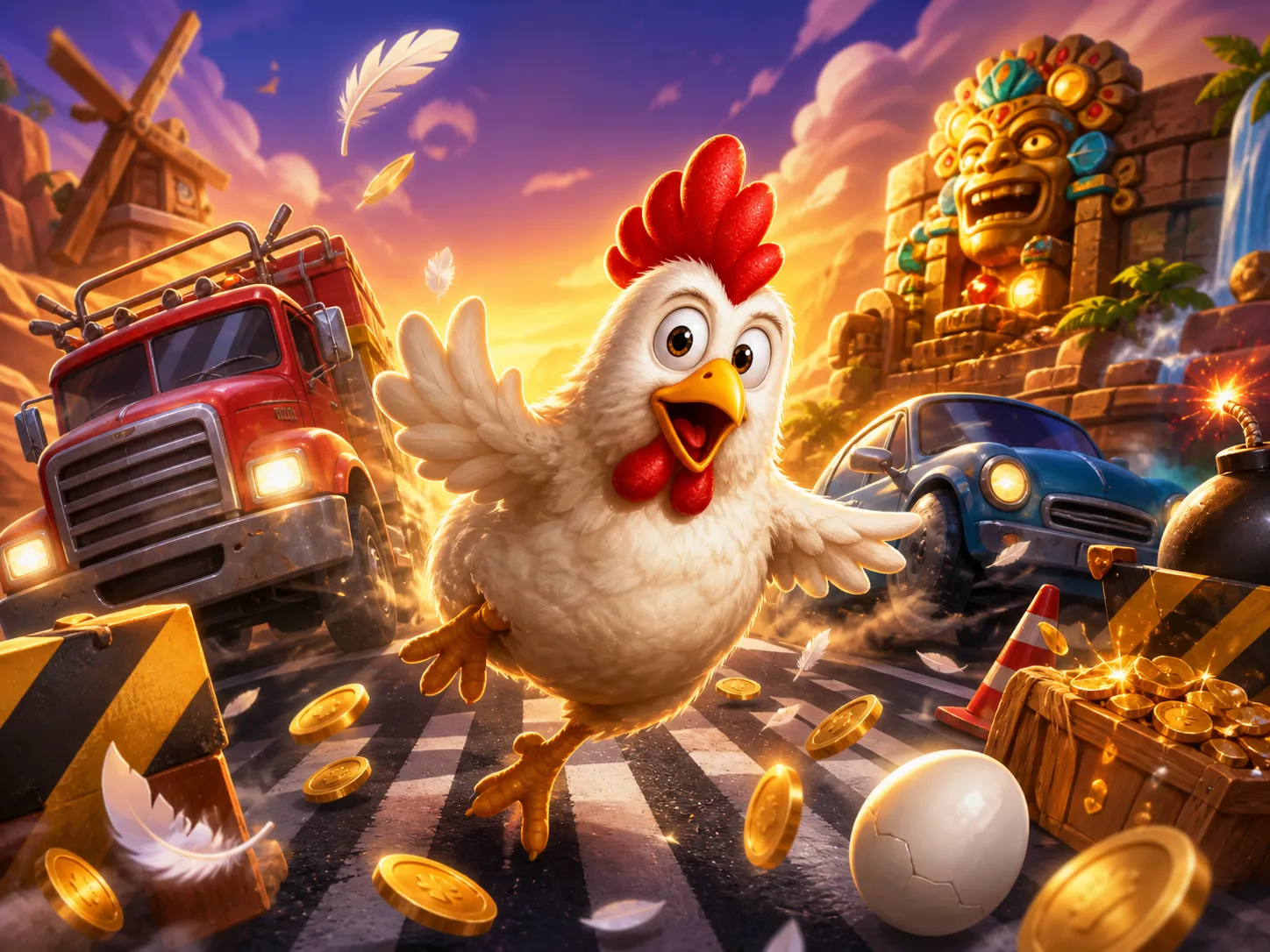 Artistic slot game image showing a humorous chicken character crossing a road, symbolizing the theme of the Chicken Road game